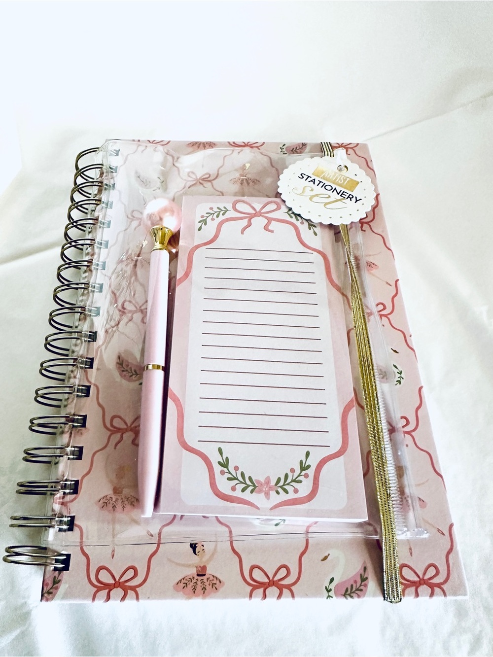 Pink Ballerina Spiral Notebook + Pen & Notepad Stationery Set